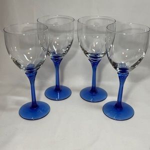 Vintage Libby blue stem flower wine or water goblets